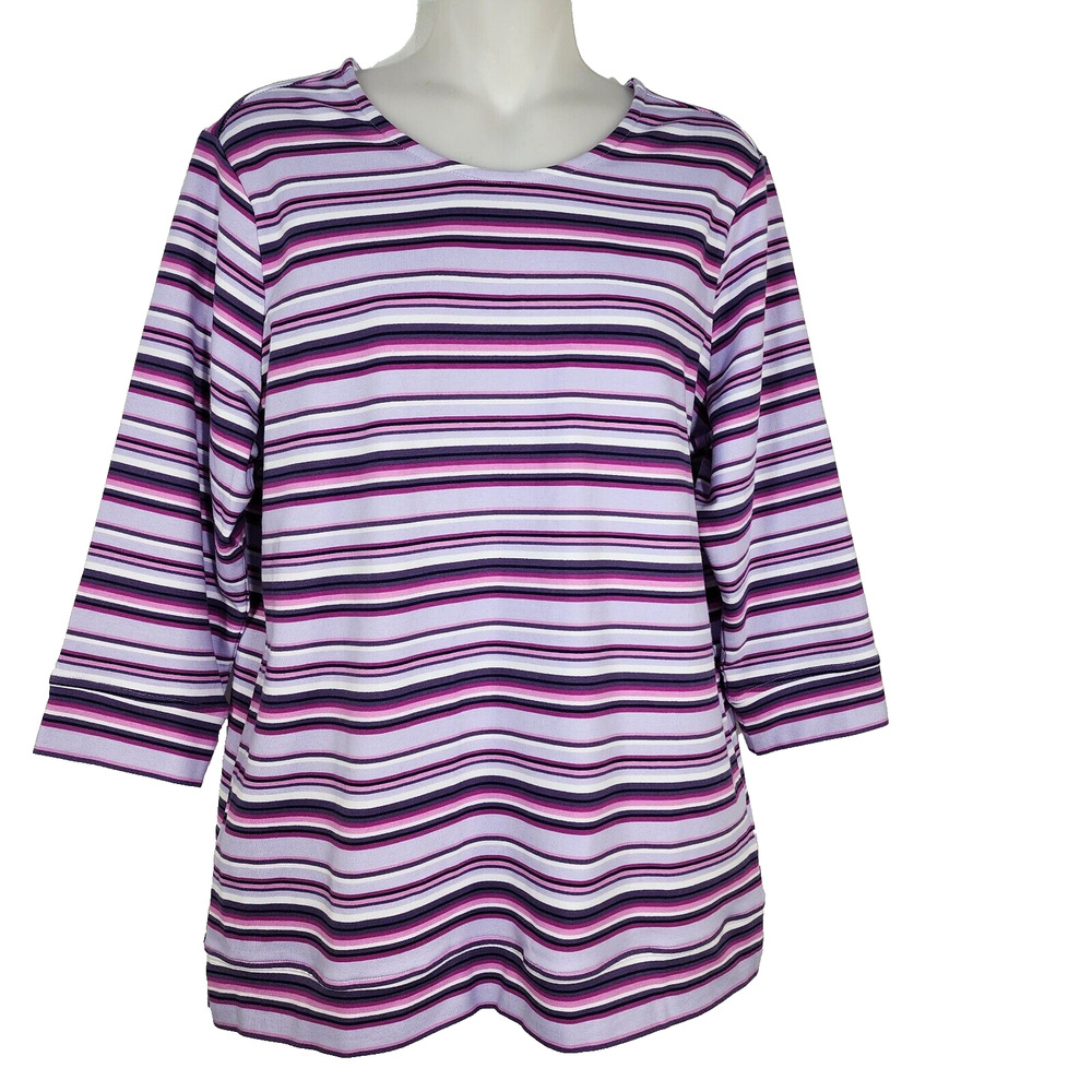 Denim & Co. Active Top Small Striped French Terry 3/4 Sleeve Back Detail Purple